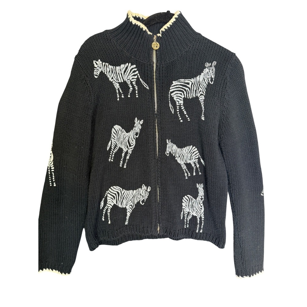 Christine Rotelli Zebra Intarsia Zip Up Knit Cardigan Black White Mock Neck S